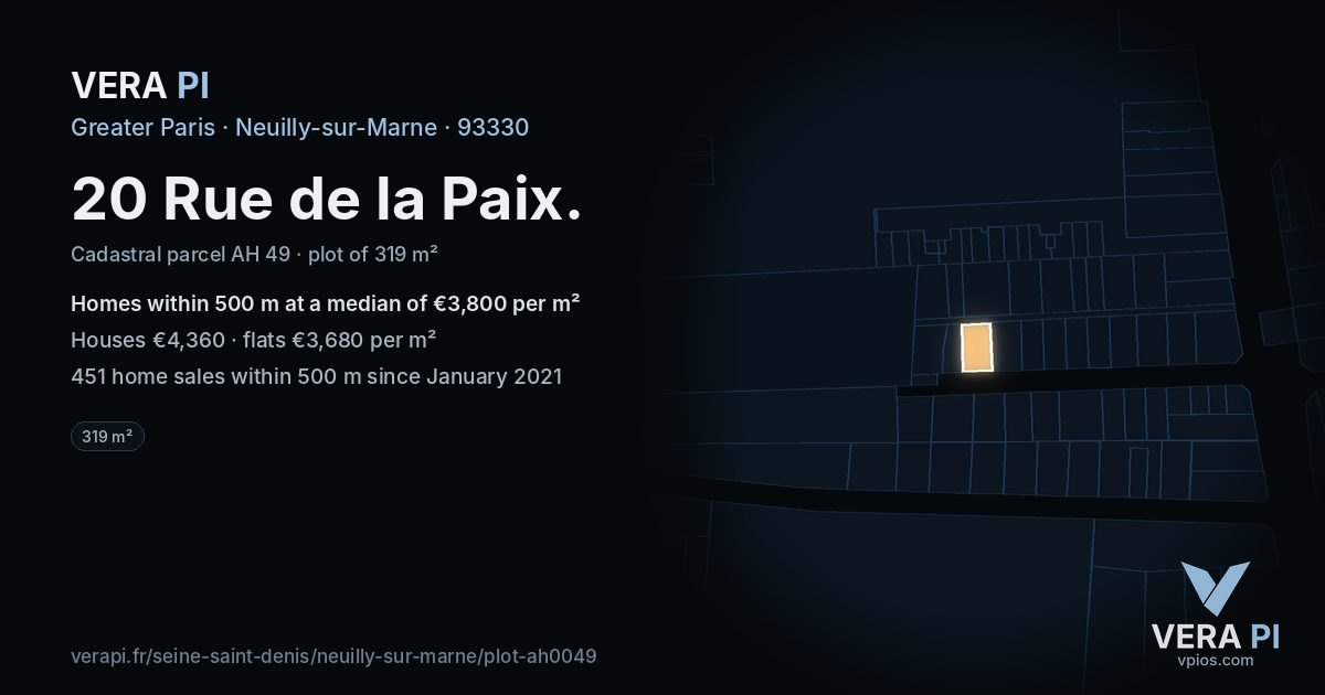 20 Rue de la Paix, Neuilly-sur-Marne at night – the plot lit, the parcels around coloured by the prices near them