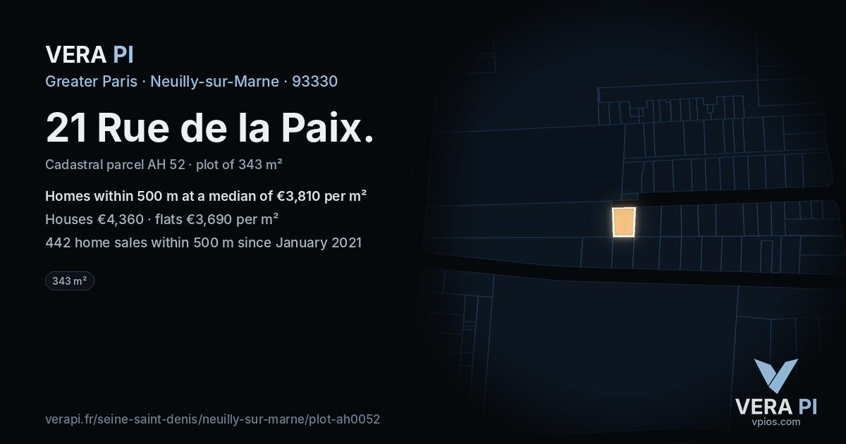21 Rue de la Paix, Neuilly-sur-Marne at night – the plot lit, the parcels around coloured by the prices near them