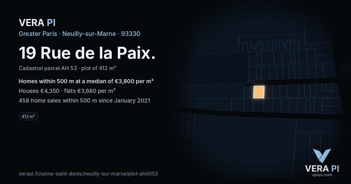 19 Rue de la Paix, Neuilly-sur-Marne at night – the plot lit, the parcels around coloured by the prices near them