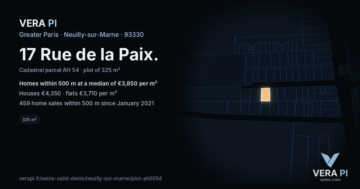 17 Rue de la Paix, Neuilly-sur-Marne at night – the plot lit, the parcels around coloured by the prices near them