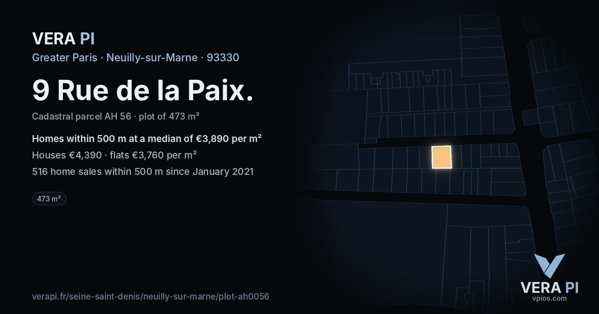 9 Rue de la Paix, Neuilly-sur-Marne at night – the plot lit, the parcels around coloured by the prices near them