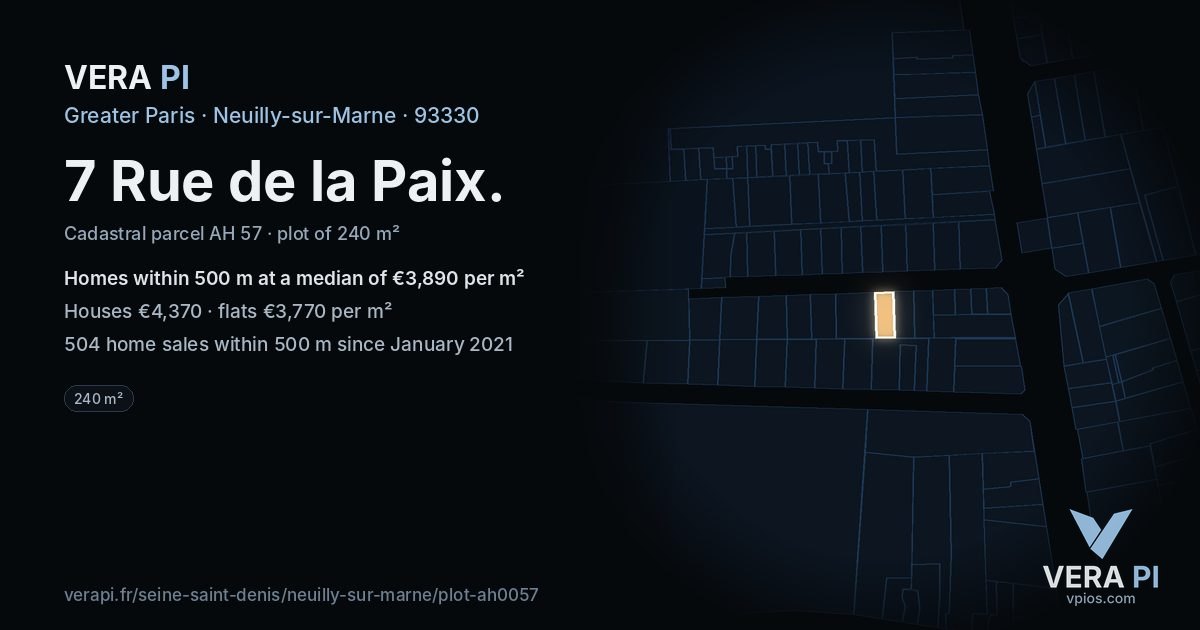 7 Rue de la Paix, Neuilly-sur-Marne at night – the plot lit, the parcels around coloured by the prices near them