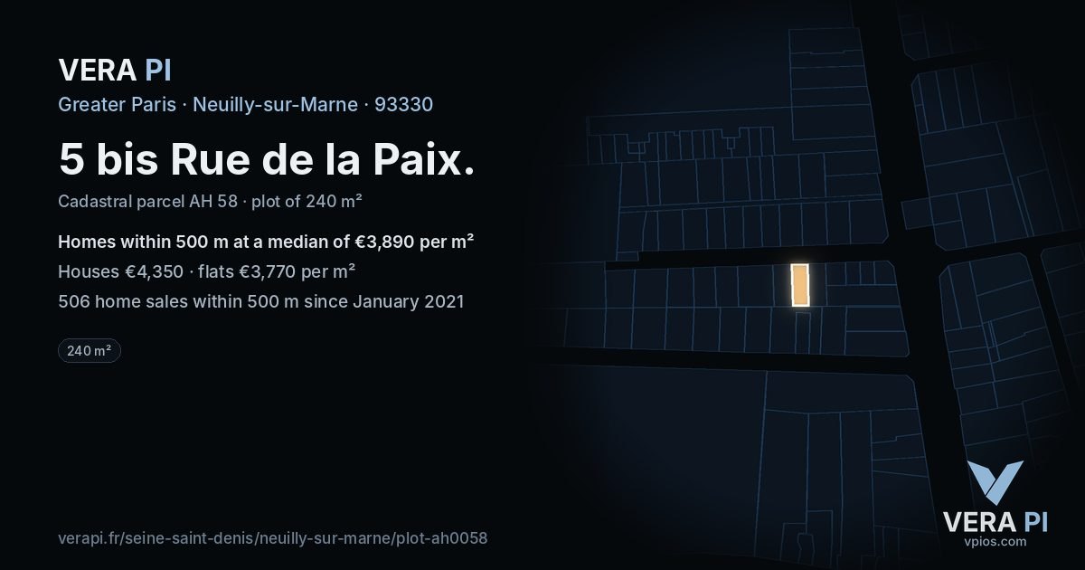 5 bis Rue de la Paix, Neuilly-sur-Marne at night – the plot lit, the parcels around coloured by the prices near them