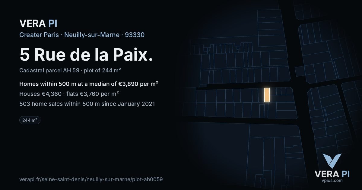 5 Rue de la Paix, Neuilly-sur-Marne at night – the plot lit, the parcels around coloured by the prices near them