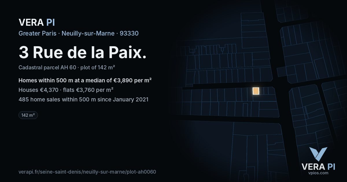 3 Rue de la Paix, Neuilly-sur-Marne at night – the plot lit, the parcels around coloured by the prices near them