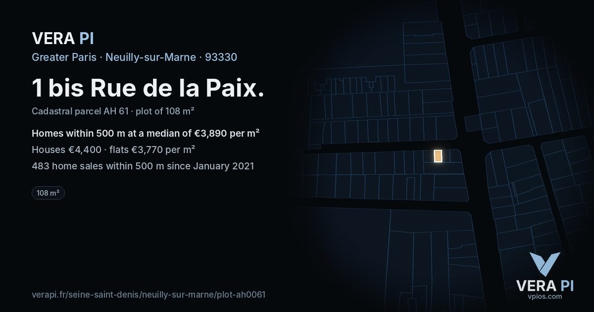 1 bis Rue de la Paix, Neuilly-sur-Marne at night – the plot lit, the parcels around coloured by the prices near them