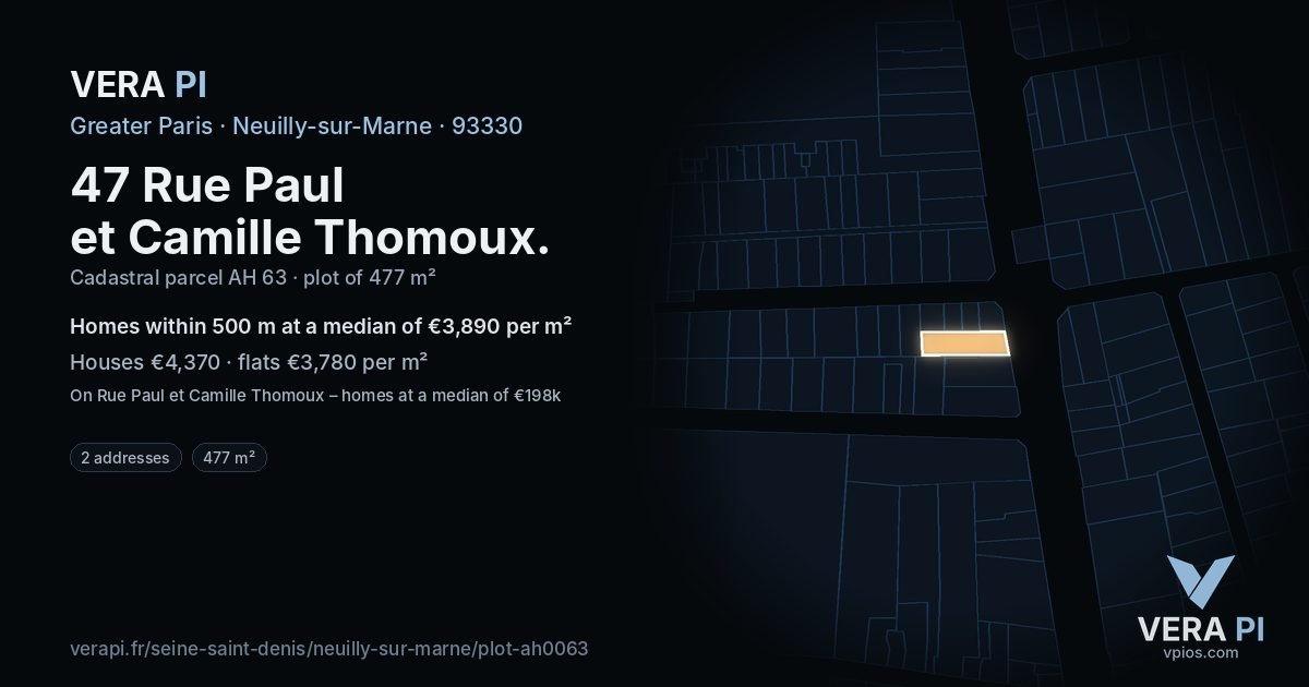 47 Rue Paul et Camille Thomoux, Neuilly-sur-Marne at night – the plot lit, the parcels around coloured by the prices near them