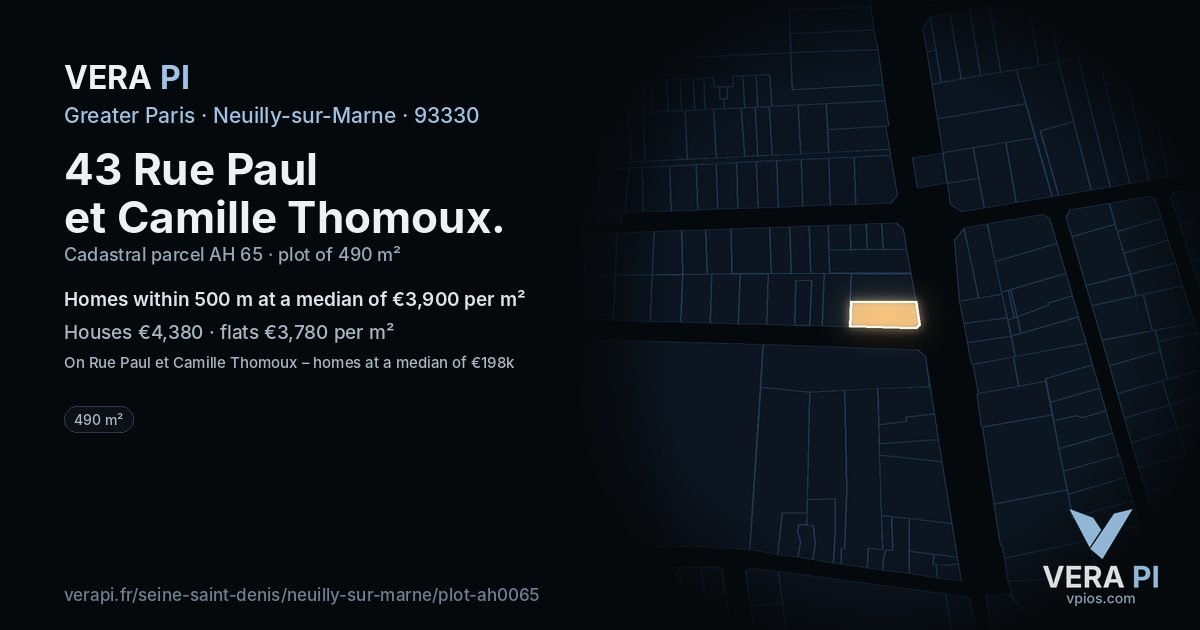 43 Rue Paul et Camille Thomoux, Neuilly-sur-Marne at night – the plot lit, the parcels around coloured by the prices near them