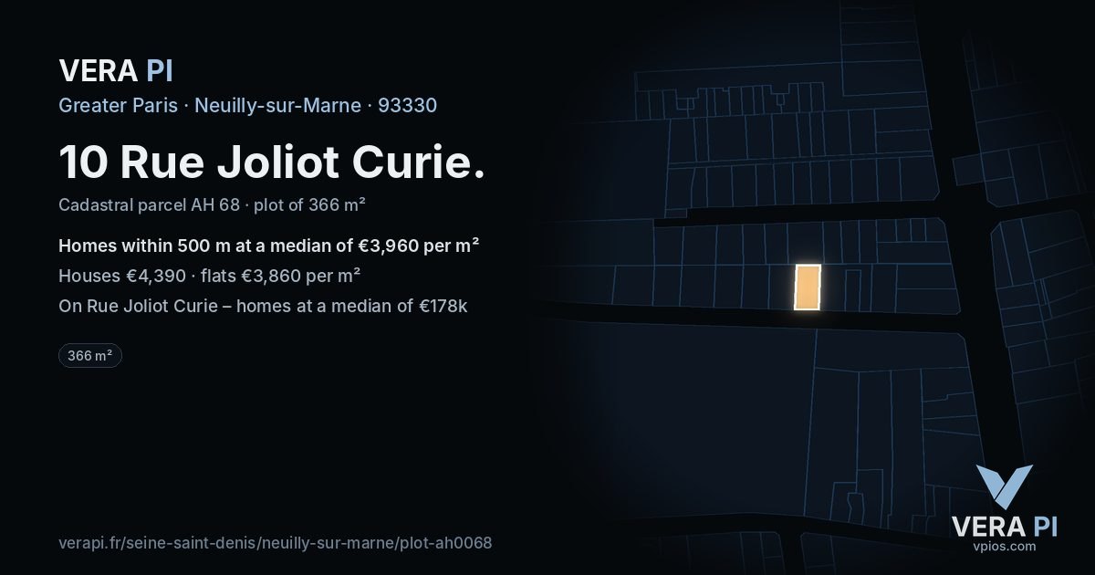 10 Rue Joliot Curie, Neuilly-sur-Marne at night – the plot lit, the parcels around coloured by the prices near them