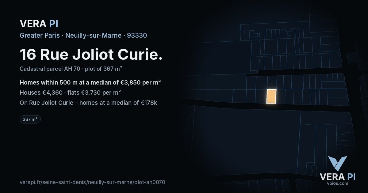 16 Rue Joliot Curie, Neuilly-sur-Marne at night – the plot lit, the parcels around coloured by the prices near them