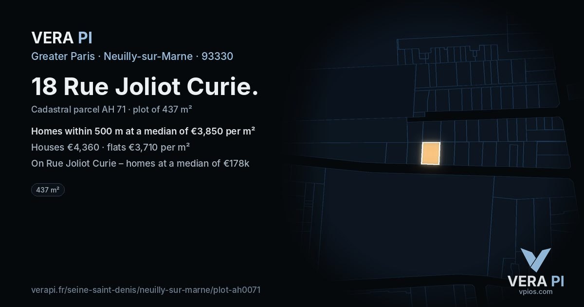 18 Rue Joliot Curie, Neuilly-sur-Marne at night – the plot lit, the parcels around coloured by the prices near them