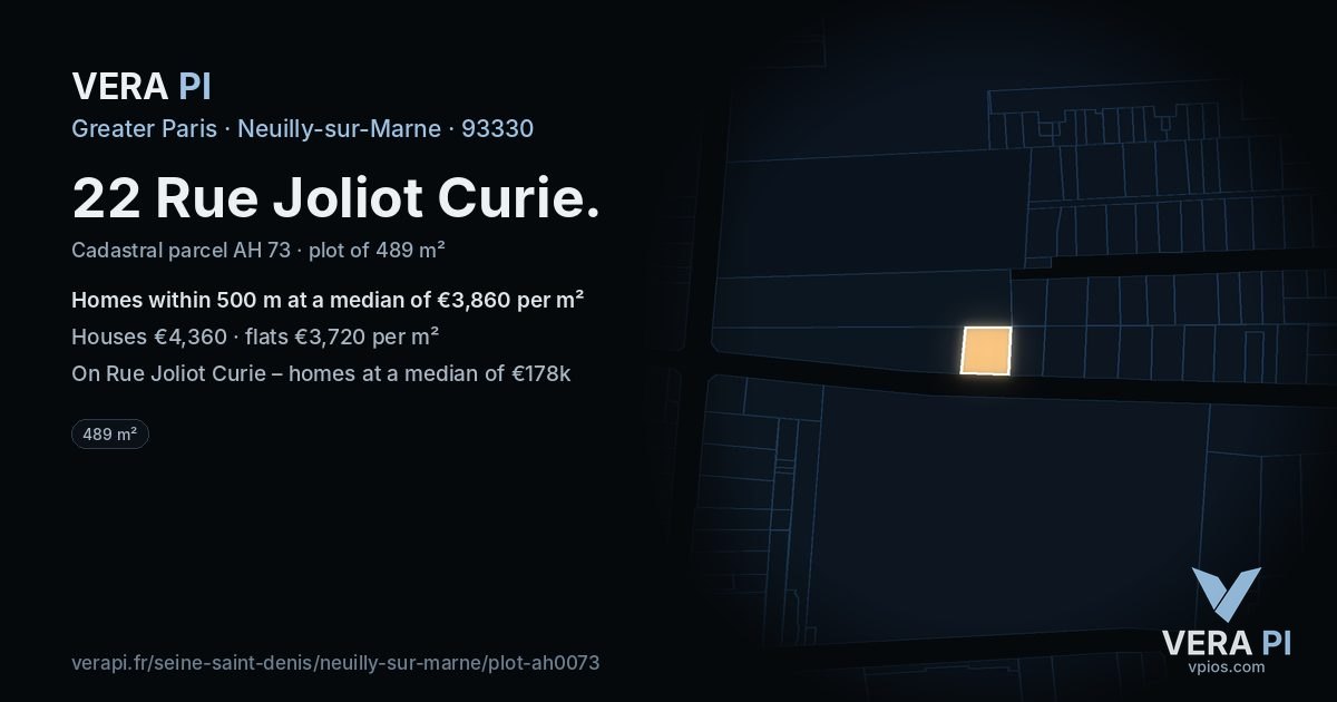 22 Rue Joliot Curie, Neuilly-sur-Marne at night – the plot lit, the parcels around coloured by the prices near them