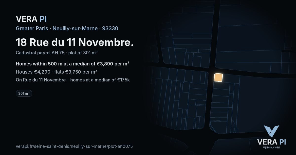 18 Rue du 11 Novembre, Neuilly-sur-Marne at night – the plot lit, the parcels around coloured by the prices near them