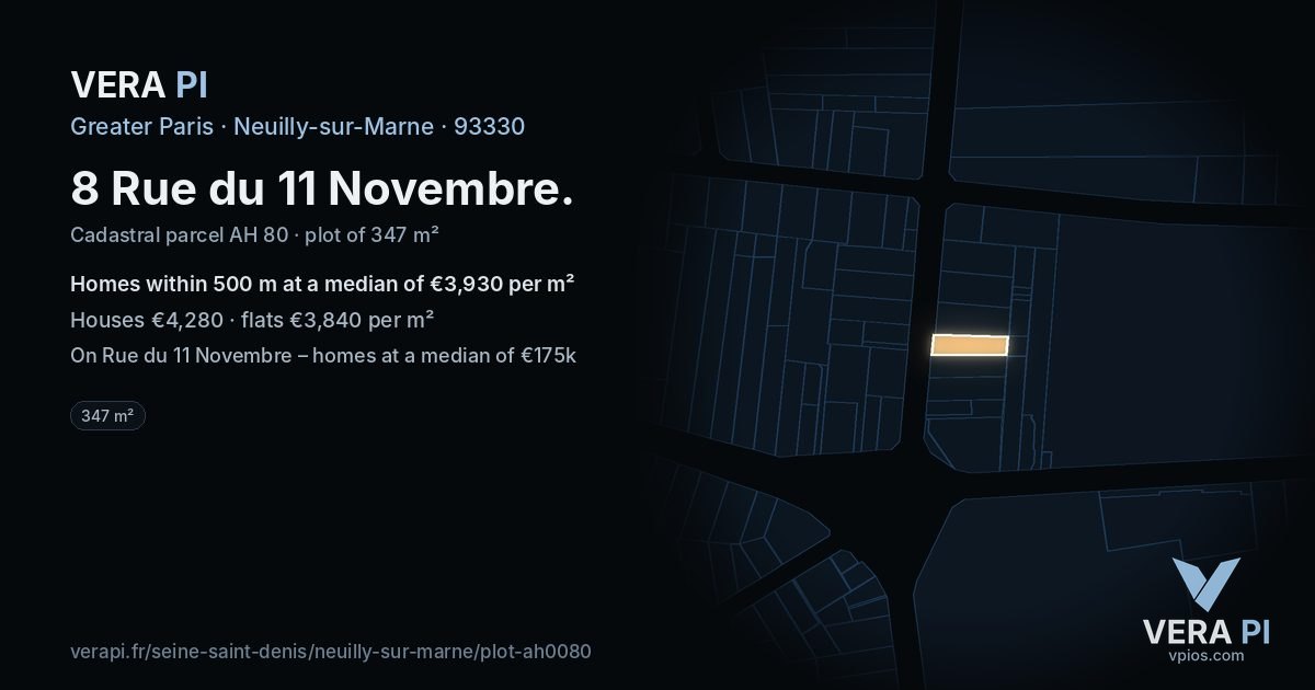 8 Rue du 11 Novembre, Neuilly-sur-Marne at night – the plot lit, the parcels around coloured by the prices near them