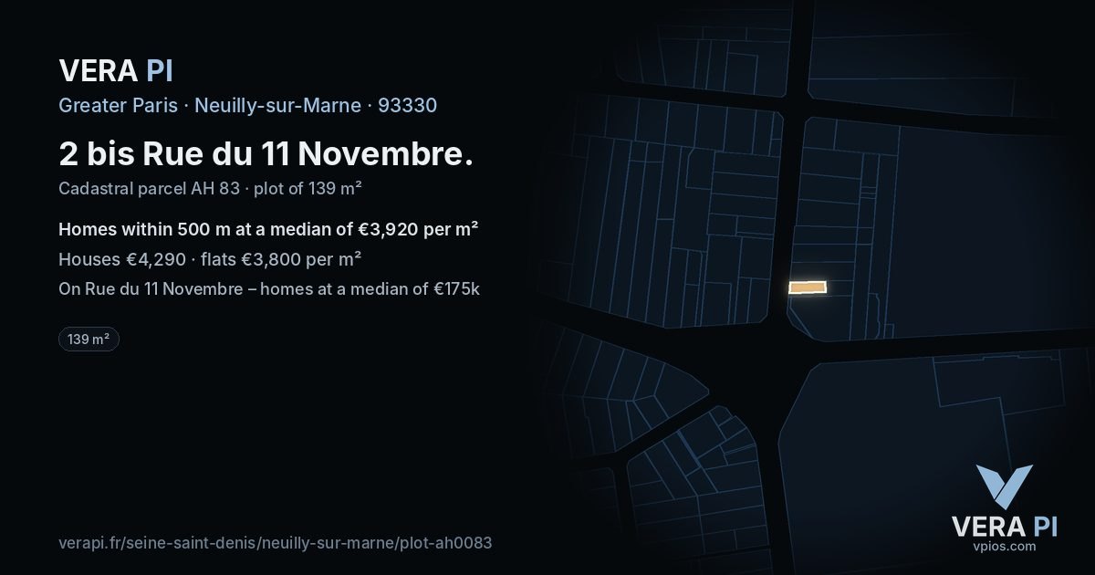 2 bis Rue du 11 Novembre, Neuilly-sur-Marne at night – the plot lit, the parcels around coloured by the prices near them