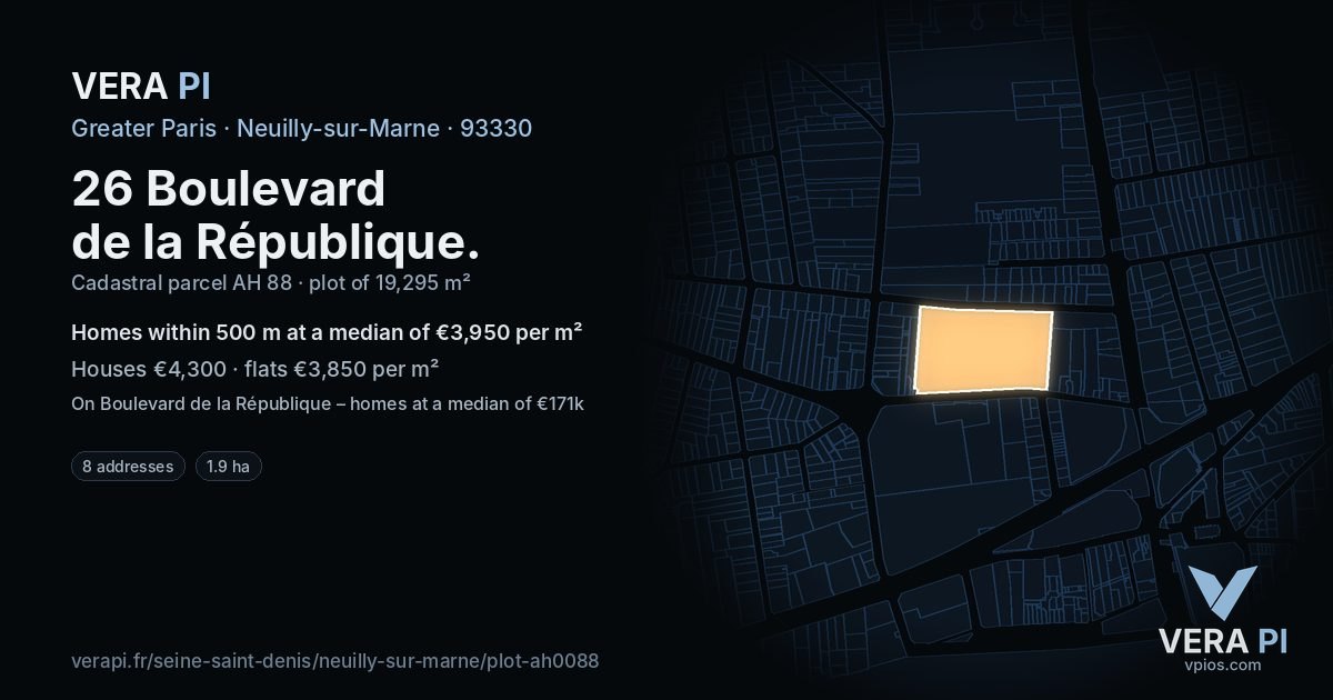 26 Boulevard de la République, Neuilly-sur-Marne at night – the plot lit, the parcels around coloured by the prices near them