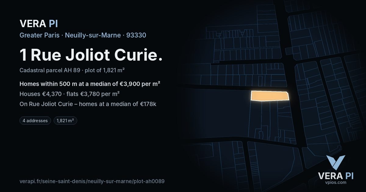 1 Rue Joliot Curie, Neuilly-sur-Marne at night – the plot lit, the parcels around coloured by the prices near them