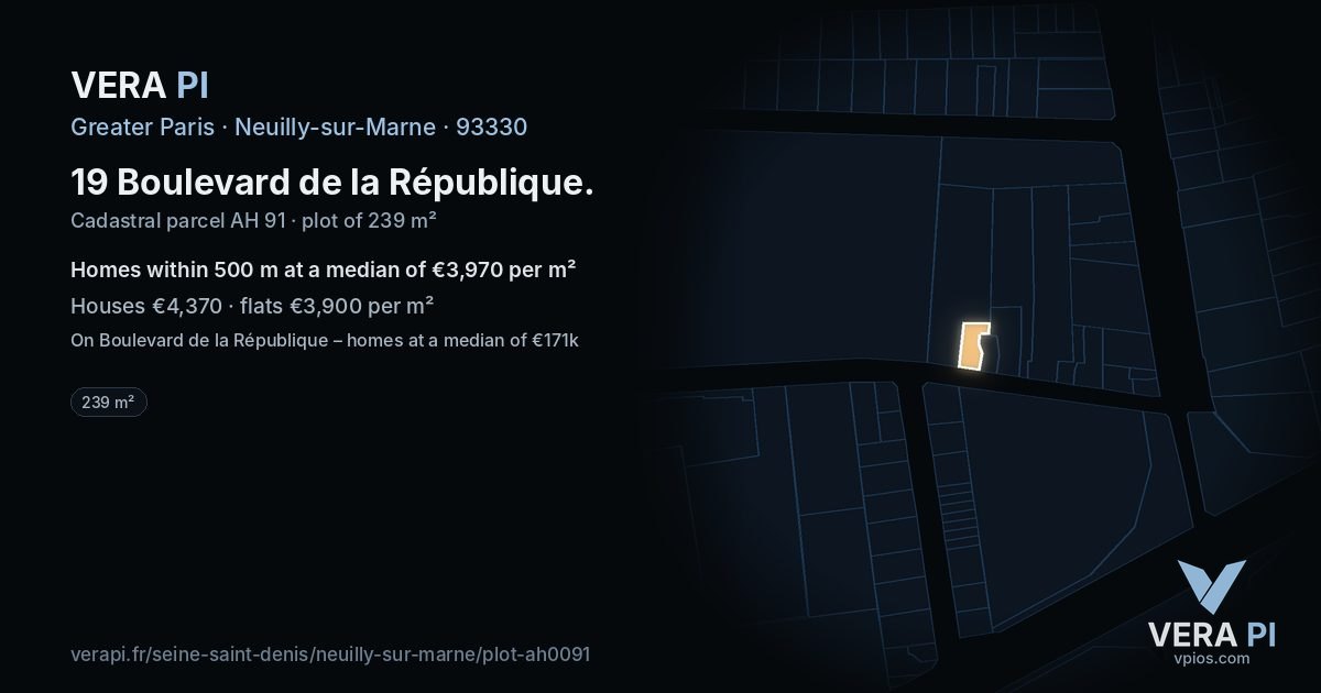 19 Boulevard de la République, Neuilly-sur-Marne at night – the plot lit, the parcels around coloured by the prices near them