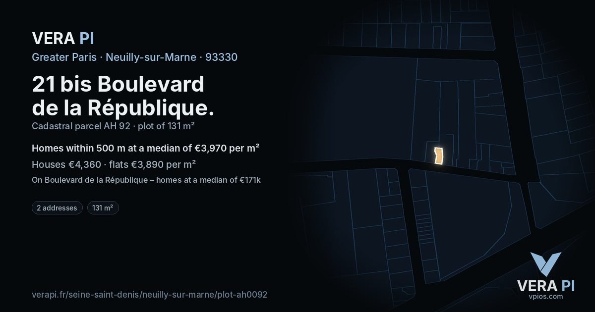 21 bis Boulevard de la République, Neuilly-sur-Marne at night – the plot lit, the parcels around coloured by the prices near them