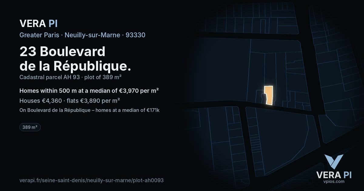 23 Boulevard de la République, Neuilly-sur-Marne at night – the plot lit, the parcels around coloured by the prices near them