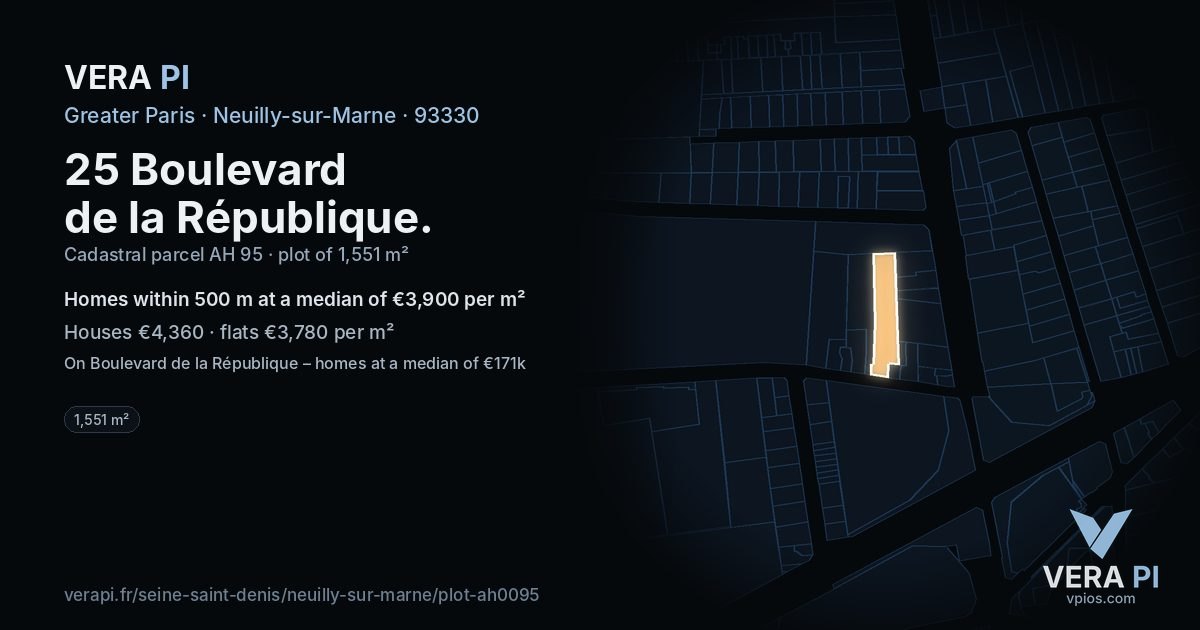 25 Boulevard de la République, Neuilly-sur-Marne at night – the plot lit, the parcels around coloured by the prices near them