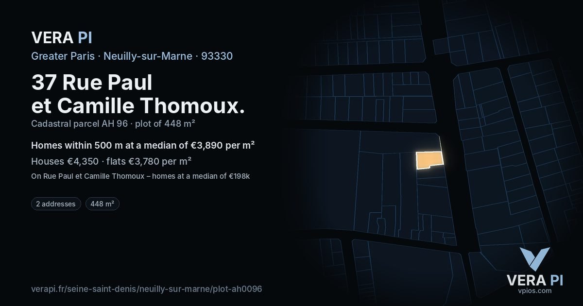 37 Rue Paul et Camille Thomoux, Neuilly-sur-Marne at night – the plot lit, the parcels around coloured by the prices near them