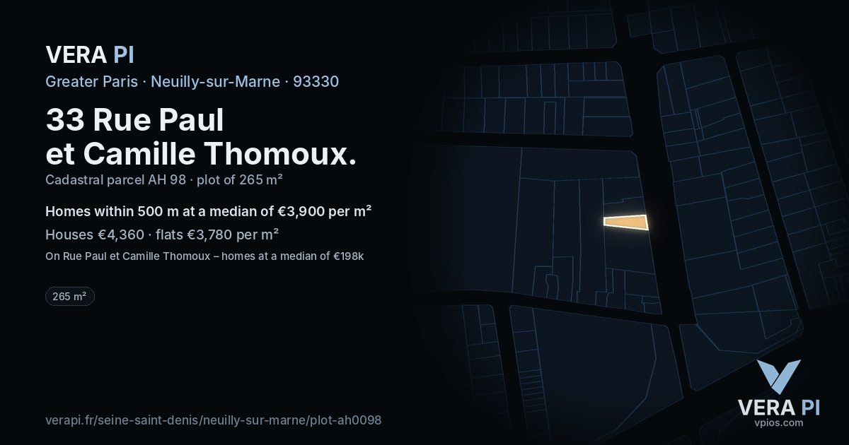 33 Rue Paul et Camille Thomoux, Neuilly-sur-Marne at night – the plot lit, the parcels around coloured by the prices near them