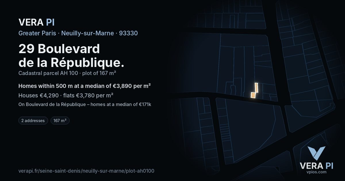29 Boulevard de la République, Neuilly-sur-Marne at night – the plot lit, the parcels around coloured by the prices near them
