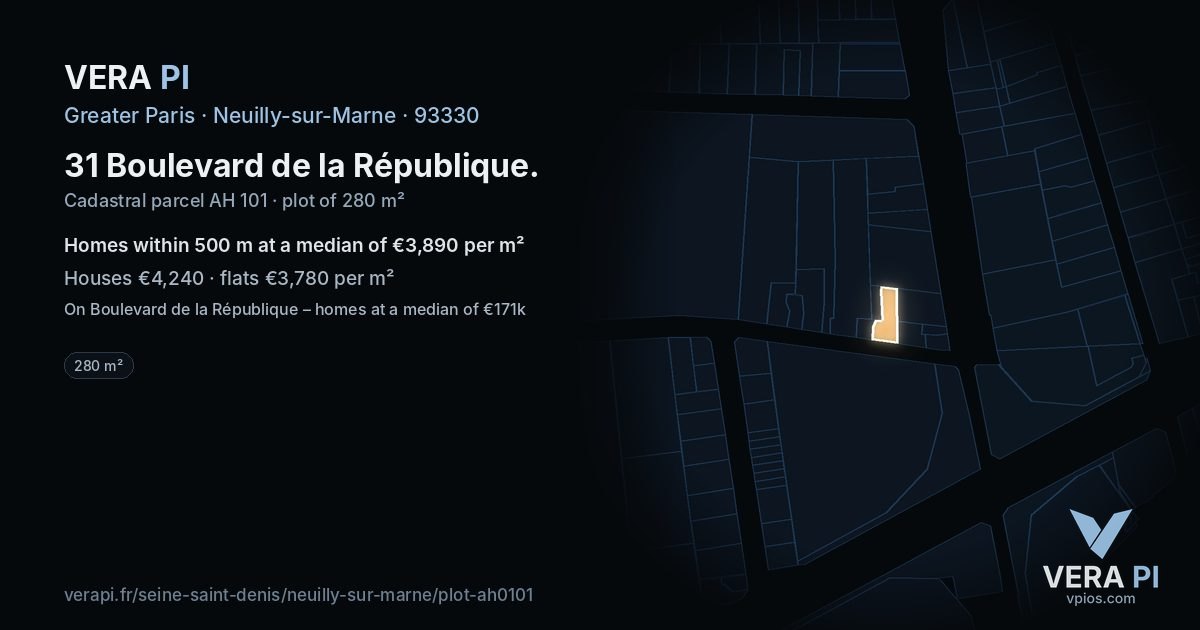 31 Boulevard de la République, Neuilly-sur-Marne at night – the plot lit, the parcels around coloured by the prices near them