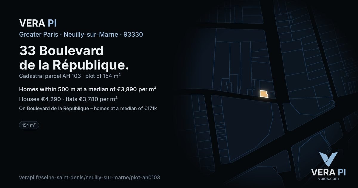 33 Boulevard de la République, Neuilly-sur-Marne at night – the plot lit, the parcels around coloured by the prices near them