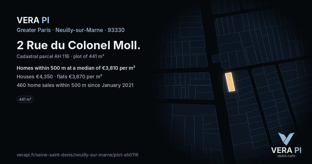 2 Rue du Colonel Moll, Neuilly-sur-Marne at night – the plot lit, the parcels around coloured by the prices near them