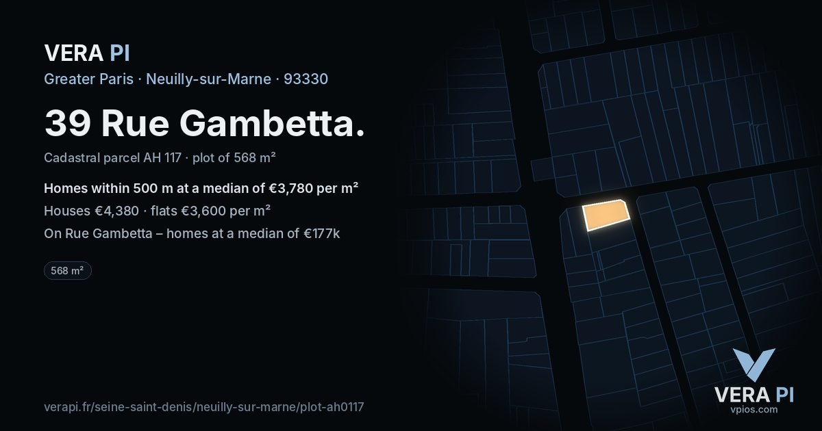 39 Rue Gambetta, Neuilly-sur-Marne at night – the plot lit, the parcels around coloured by the prices near them