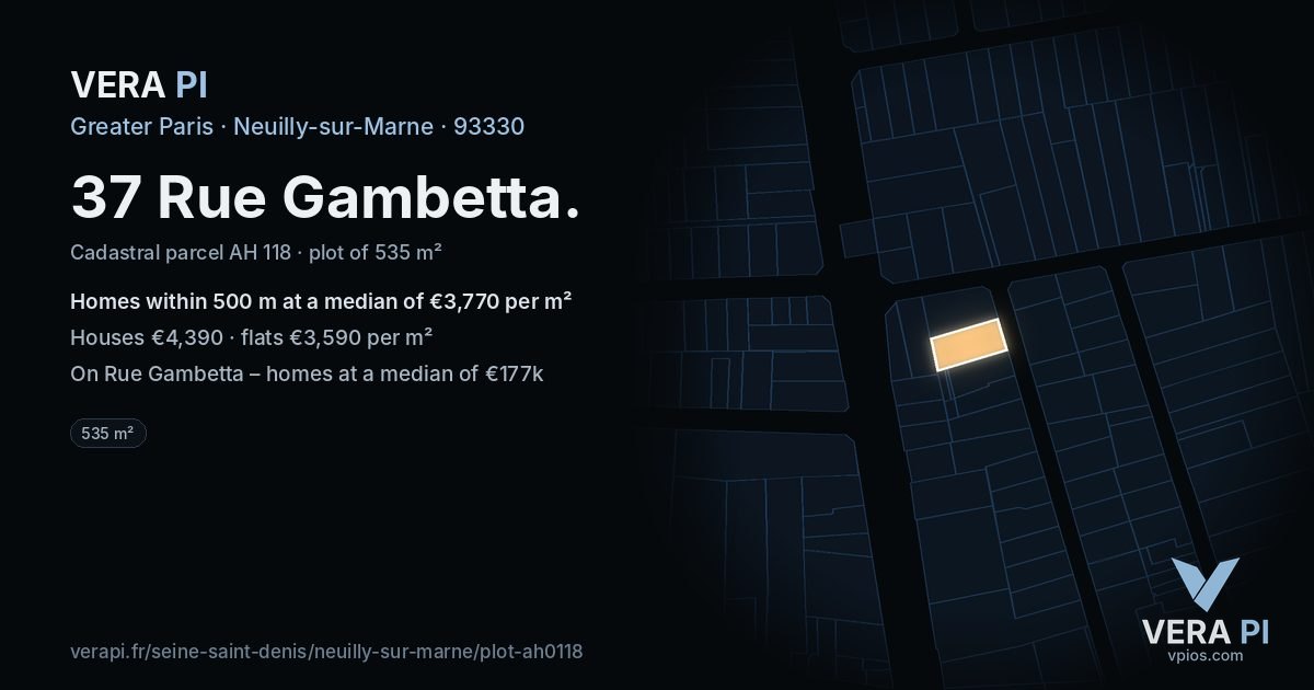 37 Rue Gambetta, Neuilly-sur-Marne at night – the plot lit, the parcels around coloured by the prices near them
