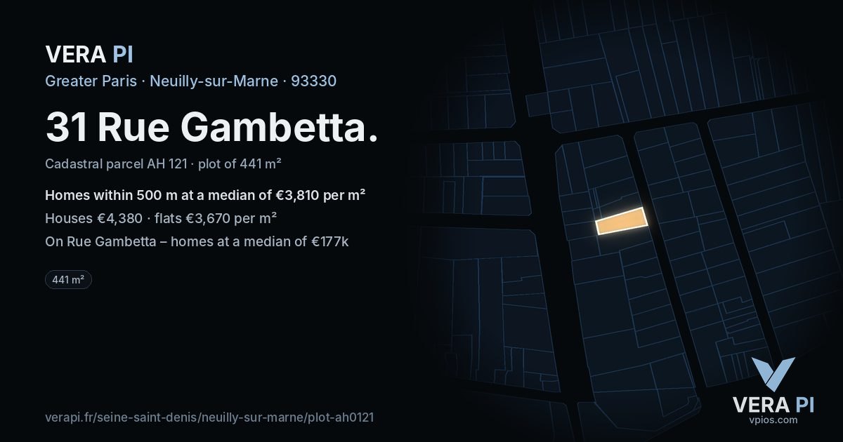 31 Rue Gambetta, Neuilly-sur-Marne at night – the plot lit, the parcels around coloured by the prices near them