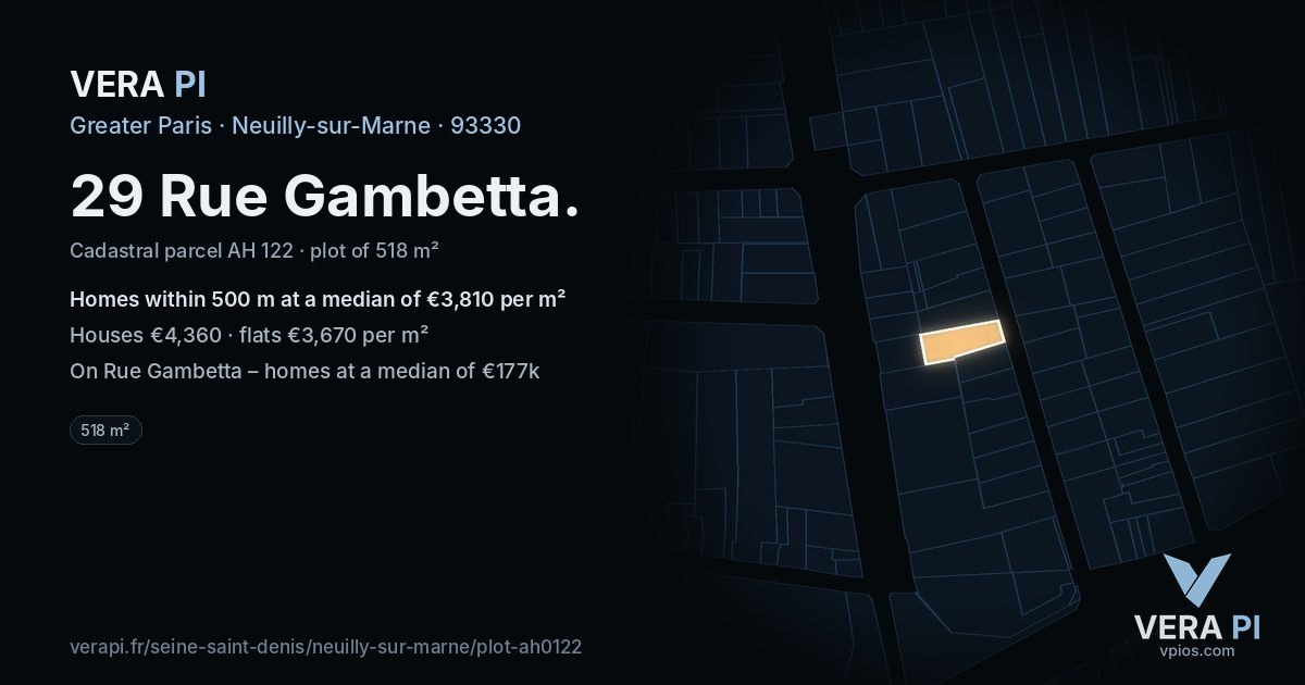 29 Rue Gambetta, Neuilly-sur-Marne at night – the plot lit, the parcels around coloured by the prices near them