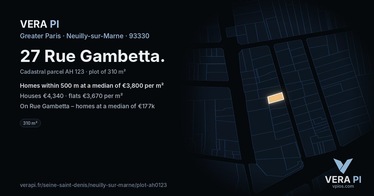 27 Rue Gambetta, Neuilly-sur-Marne at night – the plot lit, the parcels around coloured by the prices near them