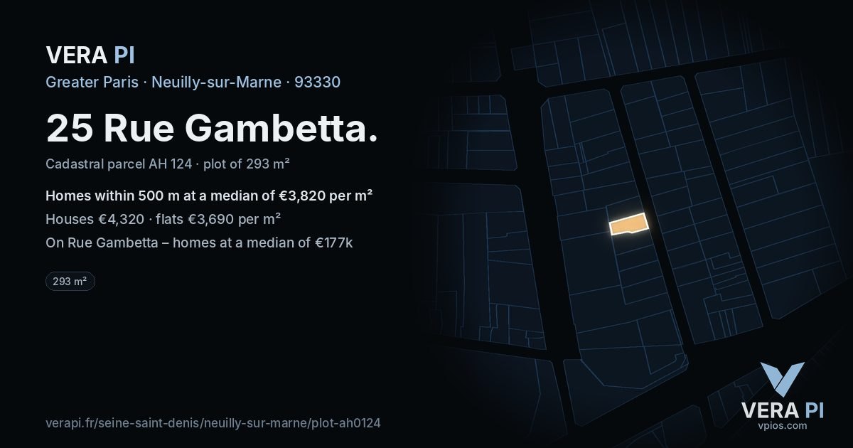 25 Rue Gambetta, Neuilly-sur-Marne at night – the plot lit, the parcels around coloured by the prices near them