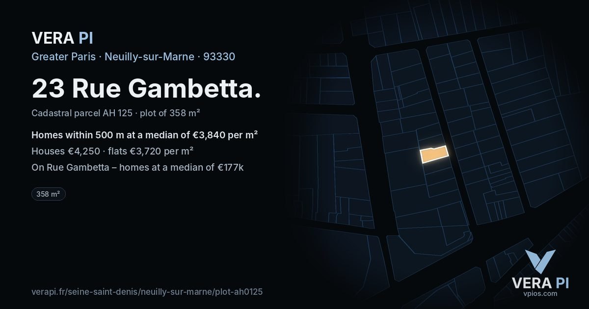 23 Rue Gambetta, Neuilly-sur-Marne at night – the plot lit, the parcels around coloured by the prices near them