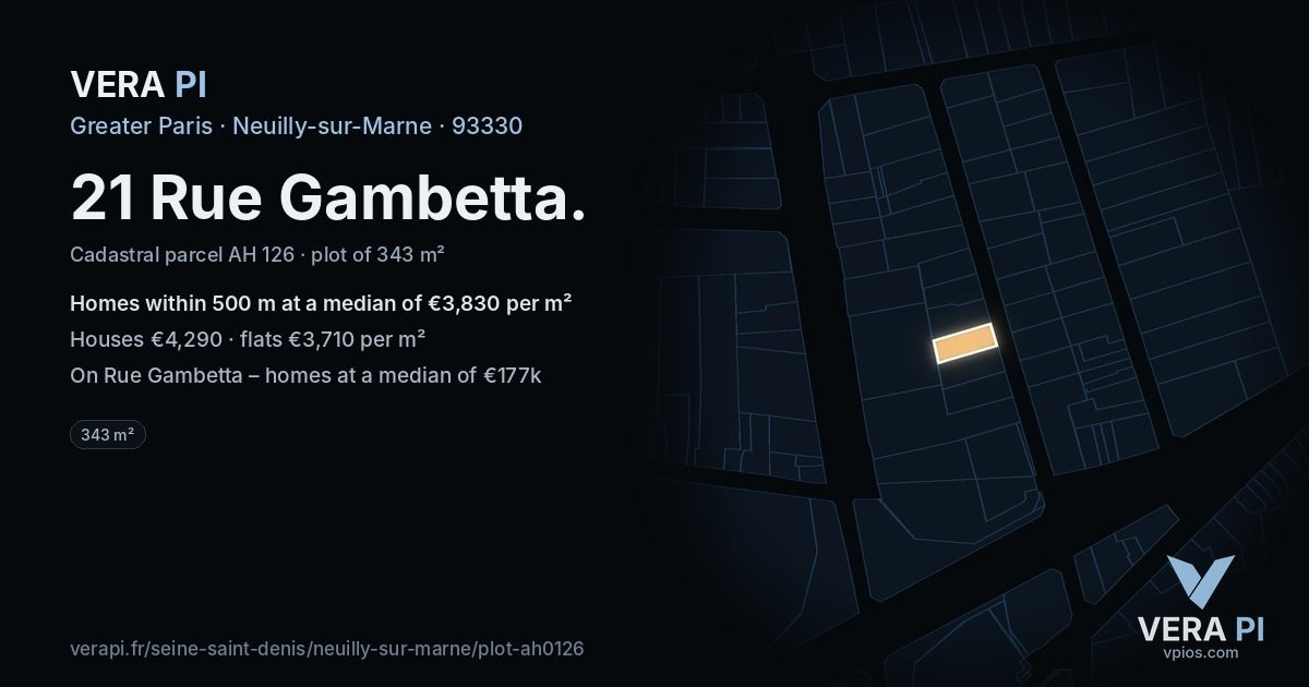 21 Rue Gambetta, Neuilly-sur-Marne at night – the plot lit, the parcels around coloured by the prices near them