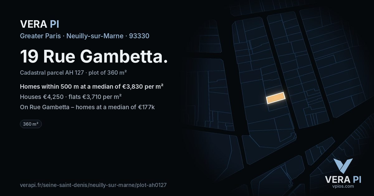 19 Rue Gambetta, Neuilly-sur-Marne at night – the plot lit, the parcels around coloured by the prices near them