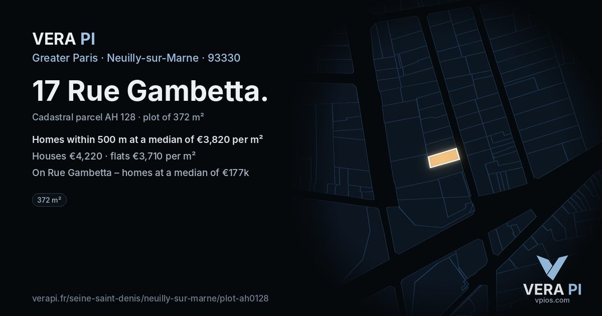 17 Rue Gambetta, Neuilly-sur-Marne at night – the plot lit, the parcels around coloured by the prices near them