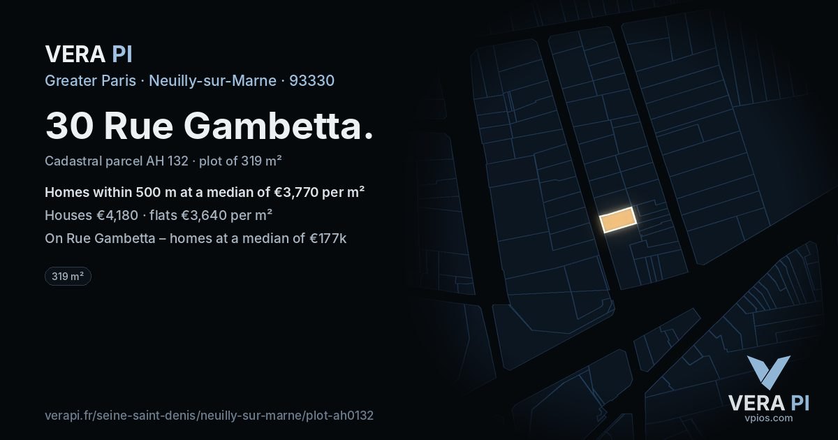 30 Rue Gambetta, Neuilly-sur-Marne at night – the plot lit, the parcels around coloured by the prices near them