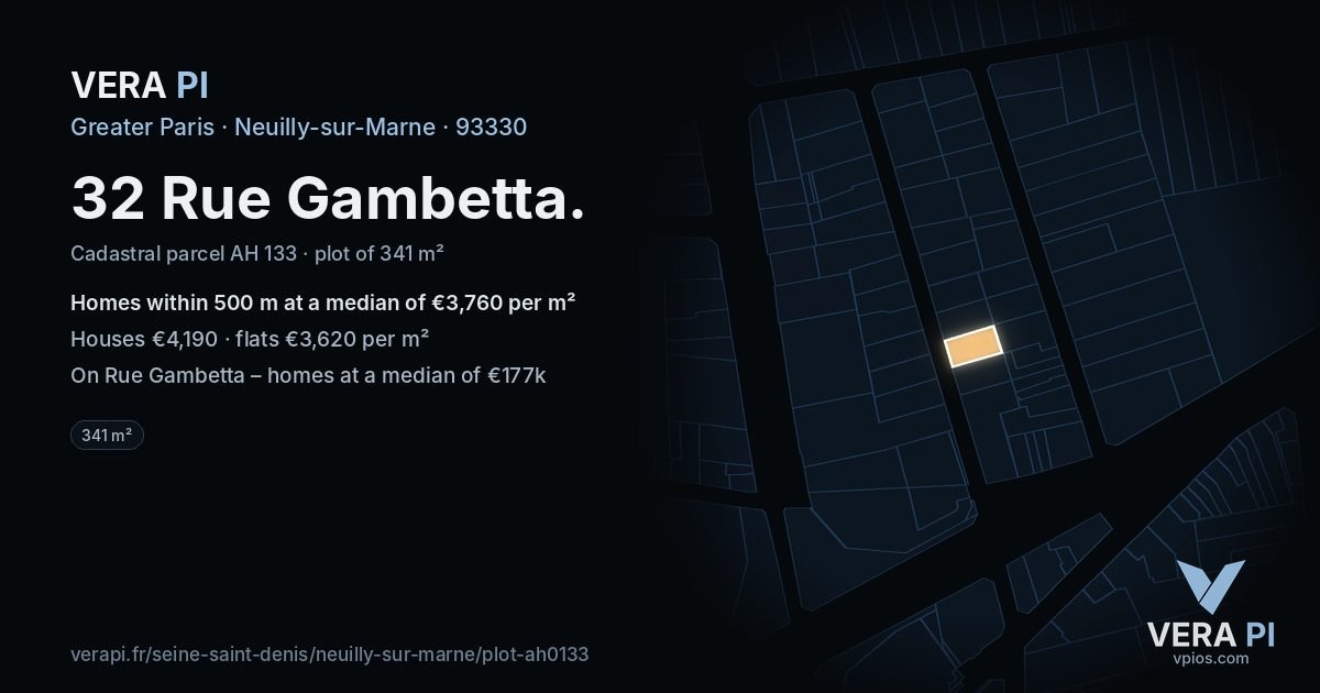 32 Rue Gambetta, Neuilly-sur-Marne at night – the plot lit, the parcels around coloured by the prices near them