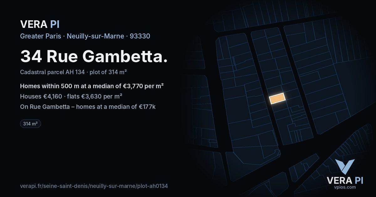 34 Rue Gambetta, Neuilly-sur-Marne at night – the plot lit, the parcels around coloured by the prices near them