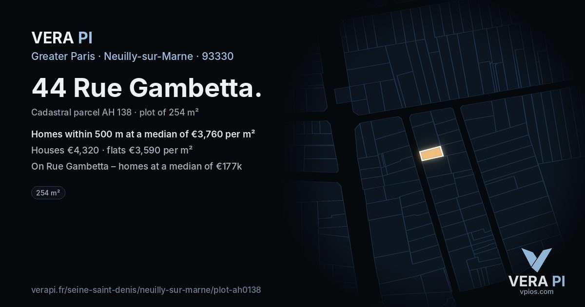 44 Rue Gambetta, Neuilly-sur-Marne at night – the plot lit, the parcels around coloured by the prices near them