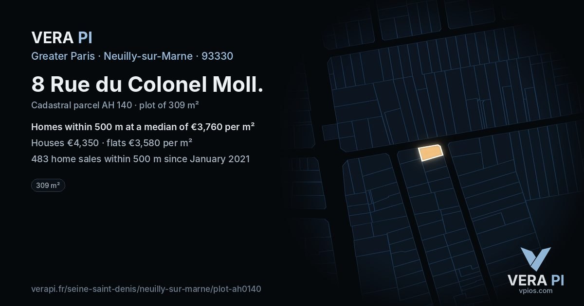 8 Rue du Colonel Moll, Neuilly-sur-Marne at night – the plot lit, the parcels around coloured by the prices near them