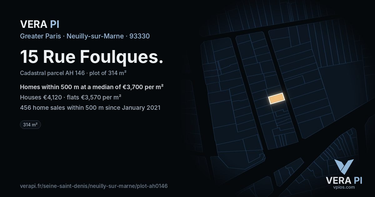 15 Rue Foulques, Neuilly-sur-Marne at night – the plot lit, the parcels around coloured by the prices near them
