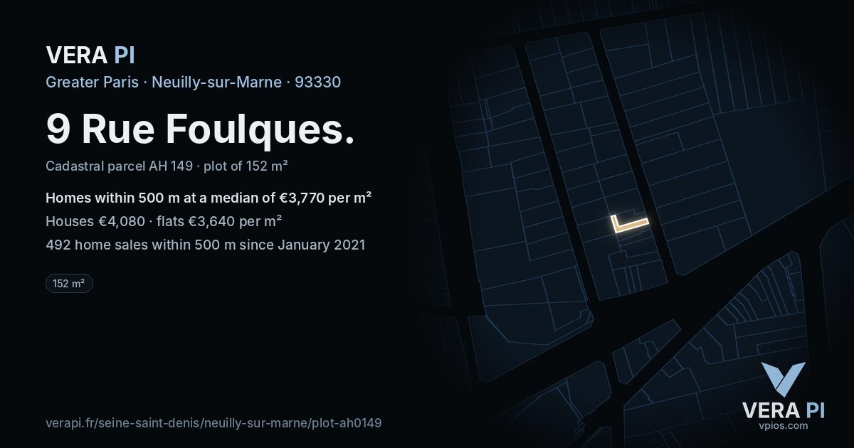 9 Rue Foulques, Neuilly-sur-Marne at night – the plot lit, the parcels around coloured by the prices near them