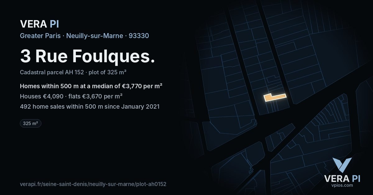 3 Rue Foulques, Neuilly-sur-Marne at night – the plot lit, the parcels around coloured by the prices near them