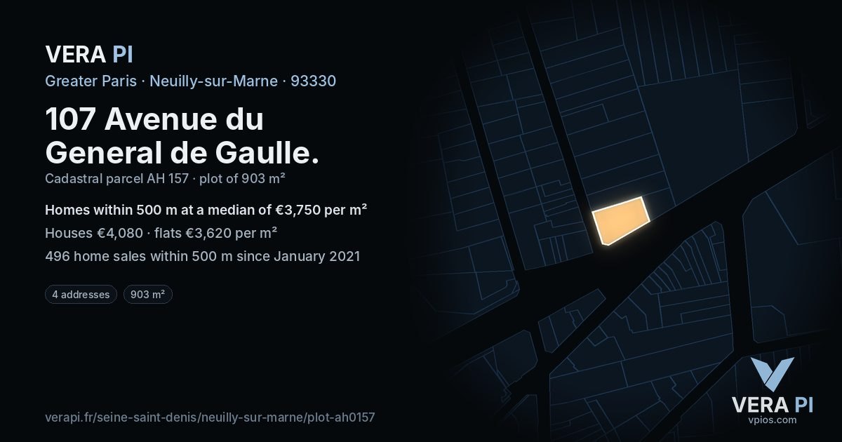 107 Avenue du General de Gaulle, Neuilly-sur-Marne at night – the plot lit, the parcels around coloured by the prices near them